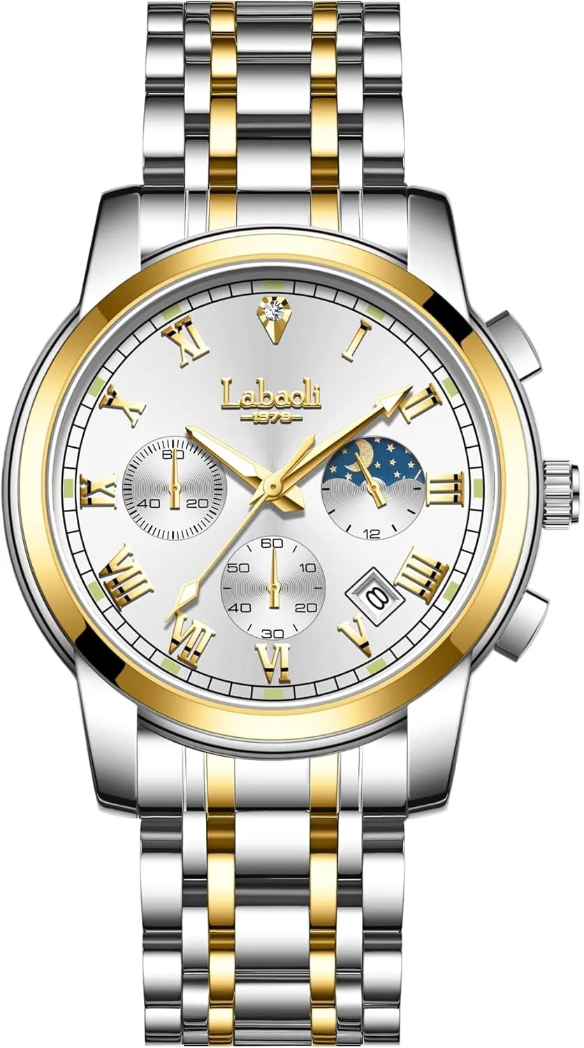 Quartz Mens Watches Stainless Steel Waterproof Watches for Men,Night Light Calendar Chronograph Watch for Men