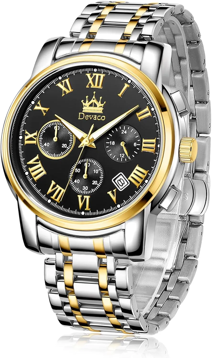 Quartz Mens Watches Stainless Steel Waterproof Watches for Men,Night Light Calendar Chronograph Watch for Men
