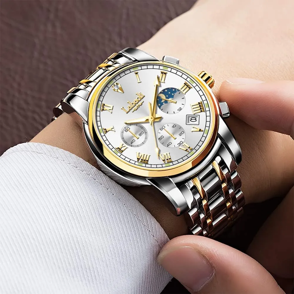 Quartz Mens Watches Stainless Steel Waterproof Watches for Men,Night Light Calendar Chronograph Watch for Men