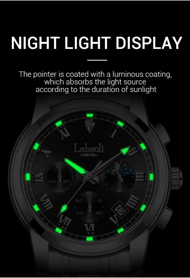 Quartz Mens Watches Stainless Steel Waterproof Watches for Men,Night Light Calendar Chronograph Watch for Men