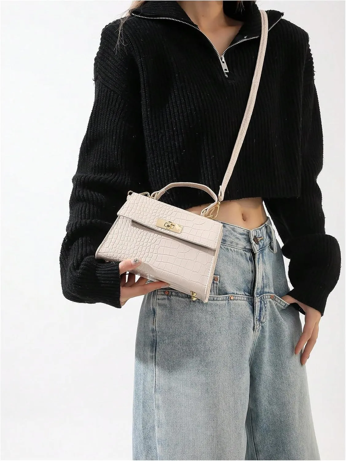 QWINEE Women's Elegant PU Leather Crossbody Bag Double Handle Crocodile Embossed Shoulder Bag
