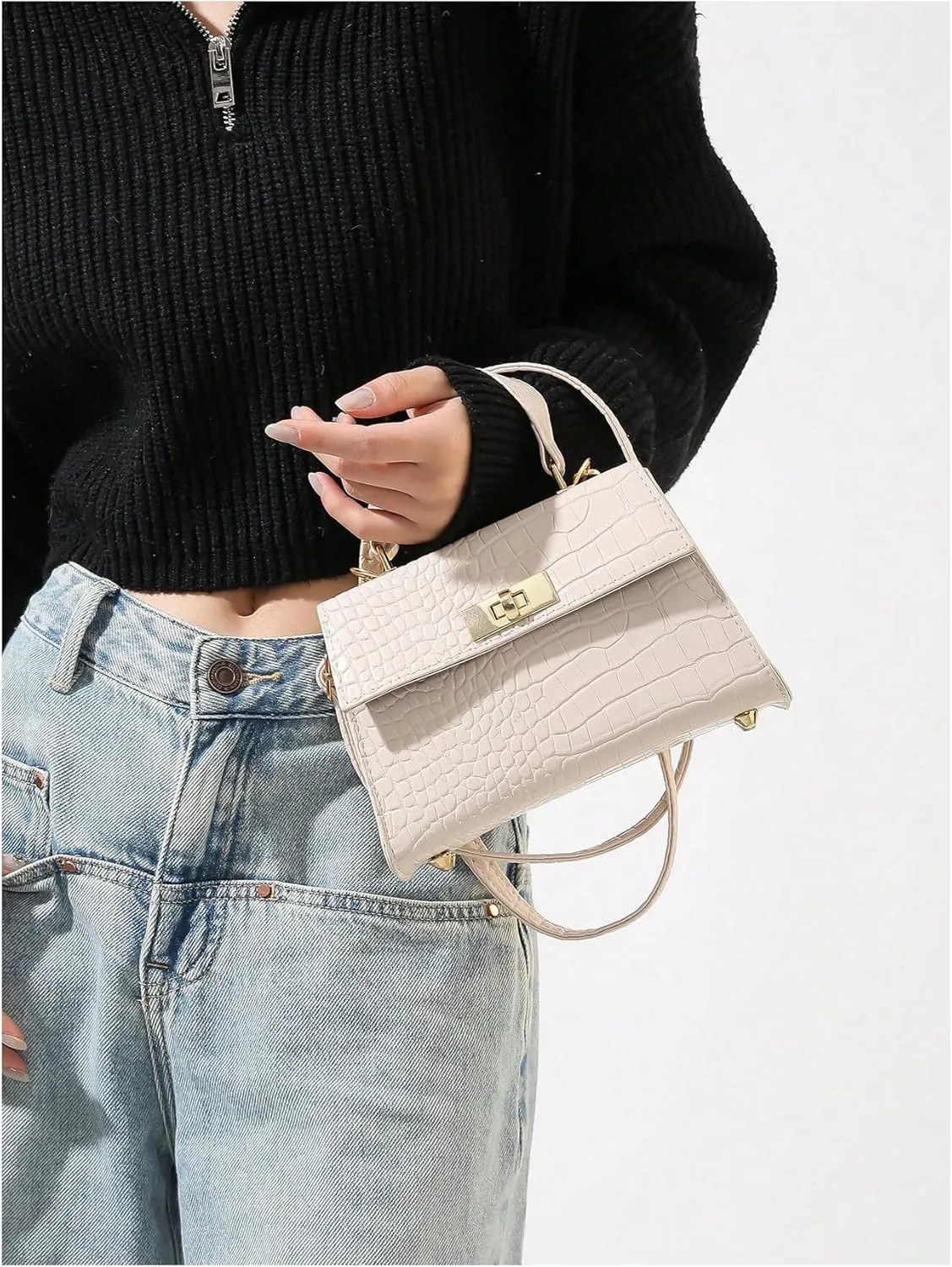 QWINEE Women's Elegant PU Leather Crossbody Bag Double Handle Crocodile Embossed Shoulder Bag