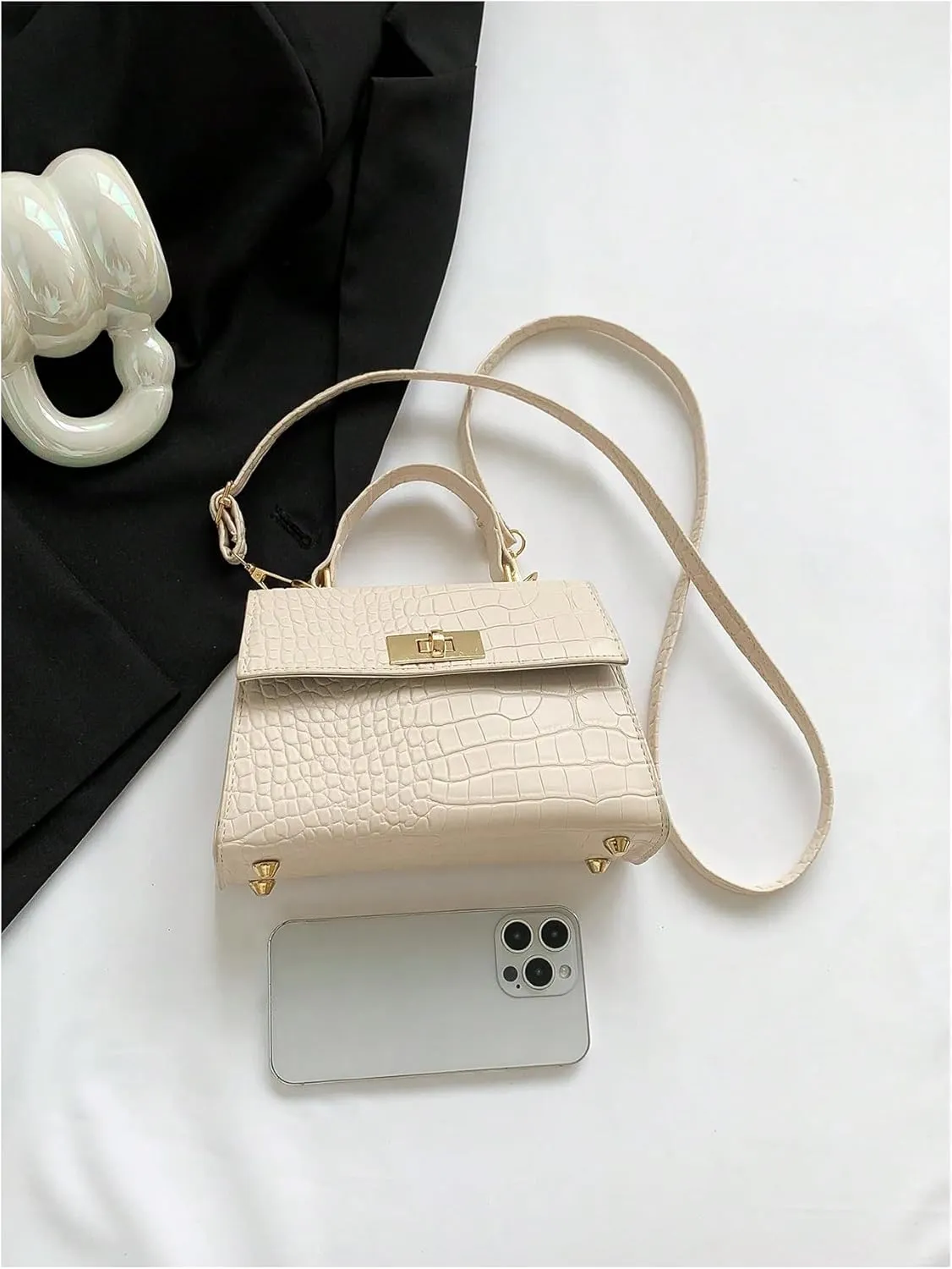 QWINEE Women's Elegant PU Leather Crossbody Bag Double Handle Crocodile Embossed Shoulder Bag