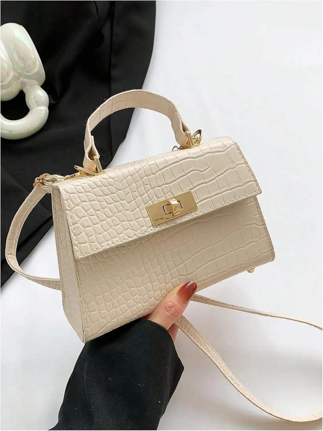 QWINEE Women's Elegant PU Leather Crossbody Bag Double Handle Crocodile Embossed Shoulder Bag