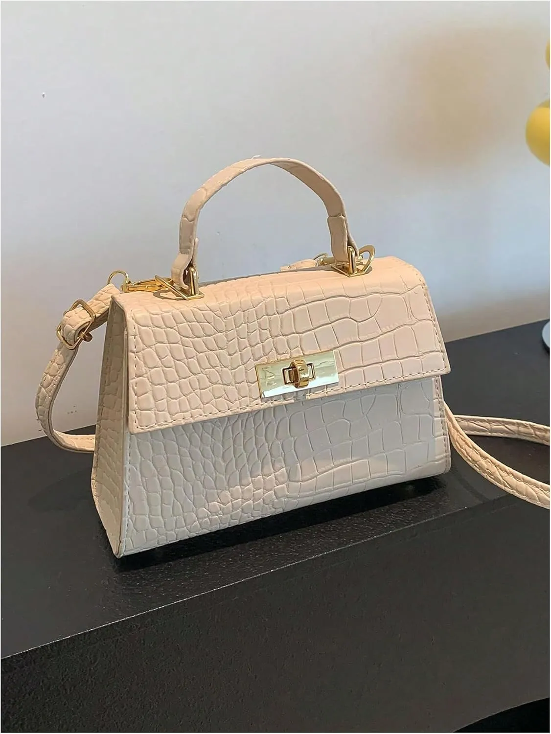 QWINEE Women's Elegant PU Leather Crossbody Bag Double Handle Crocodile Embossed Shoulder Bag