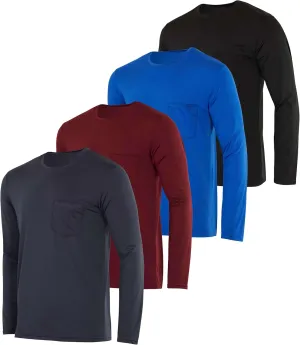 Real Essentials 4 Pack: Men's Dry-Fit Active Athletic Long Sleeve Pocket Crew T-Shirt Outdoors UPF 50 S-5XLT