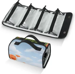 Red Flowers Travel Toiletry Bag for Women, 4 in 1 Roll Up Makeup Cosmetic Bag With 4 Removable PVC Zipper Pouch
