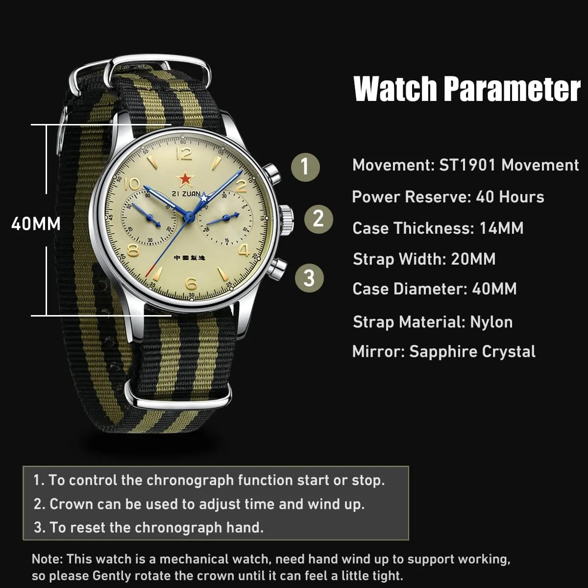 Retro Chronograph Men Watches ST1901 Mechanical Movement Hand Winding Men Wristwatches Sapphire Crystal Waterproof Military Pilot Watch for Men
