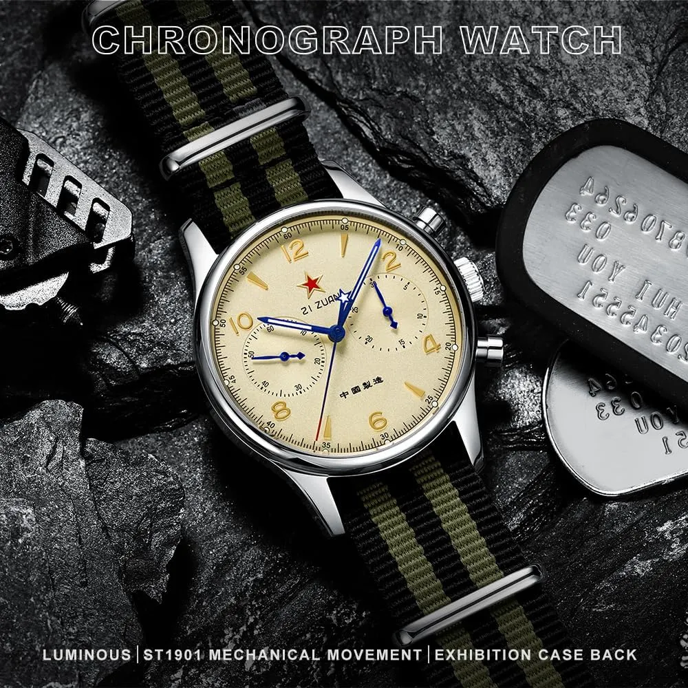 Retro Chronograph Men Watches ST1901 Mechanical Movement Hand Winding Men Wristwatches Sapphire Crystal Waterproof Military Pilot Watch for Men