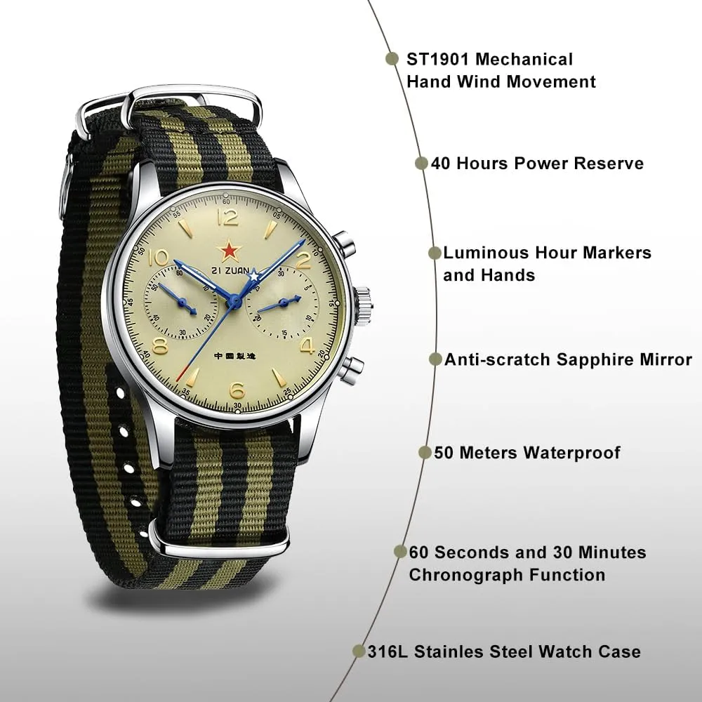 Retro Chronograph Men Watches ST1901 Mechanical Movement Hand Winding Men Wristwatches Sapphire Crystal Waterproof Military Pilot Watch for Men