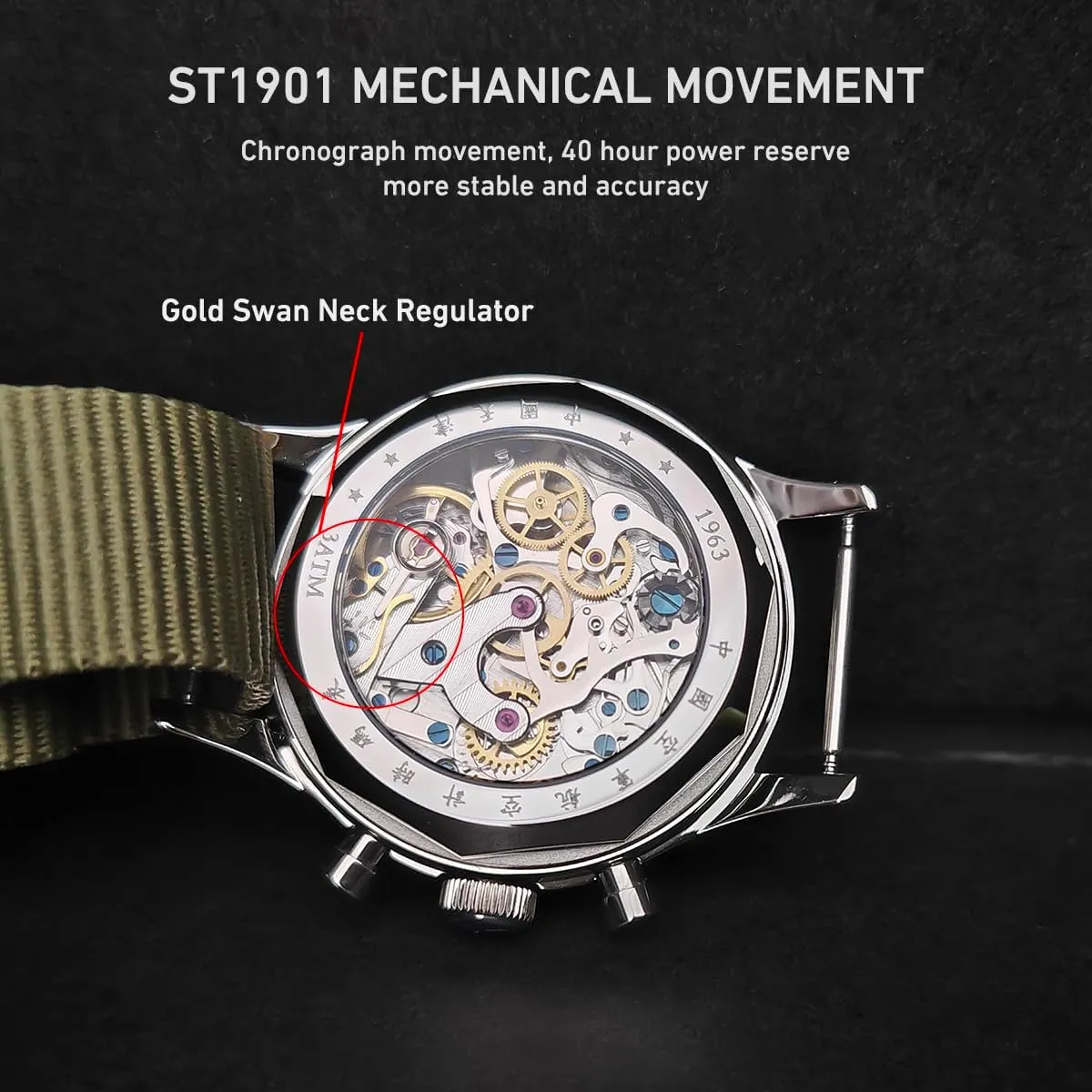 Retro Chronograph Men Watches ST1901 Mechanical Movement Hand Winding Men Wristwatches Sapphire Crystal Waterproof Military Pilot Watch for Men