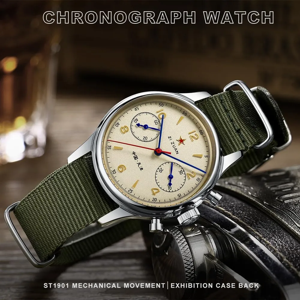 Retro Chronograph Men Watches ST1901 Mechanical Movement Hand Winding Men Wristwatches Sapphire Crystal Waterproof Military Pilot Watch for Men