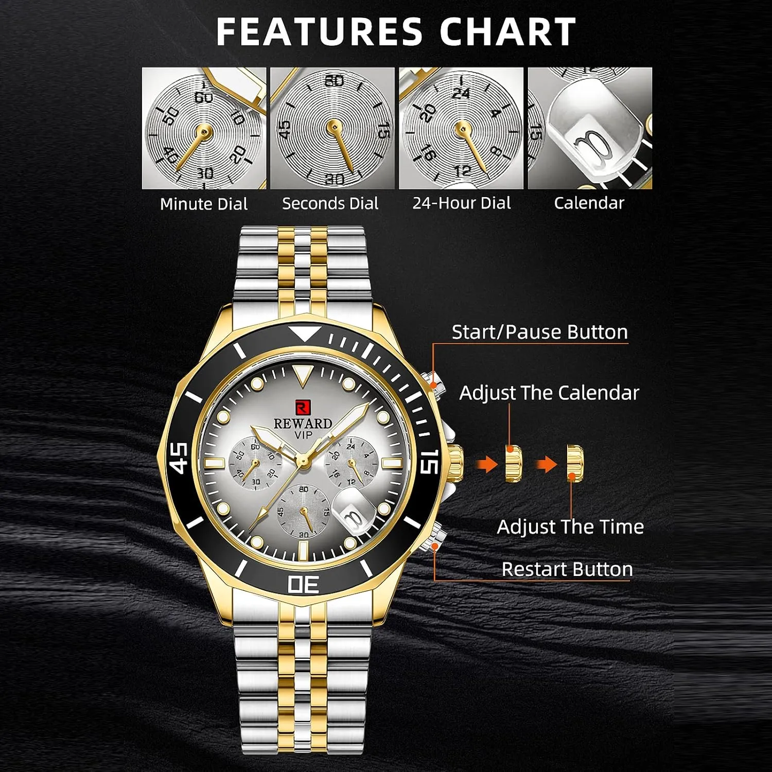 REWARD Mens Watches Solid Stainless Steel Band Sport Analog Stopwatch Waterproof Chronograph Luminous Business Wrist Watch Gift for Men with Auto Date