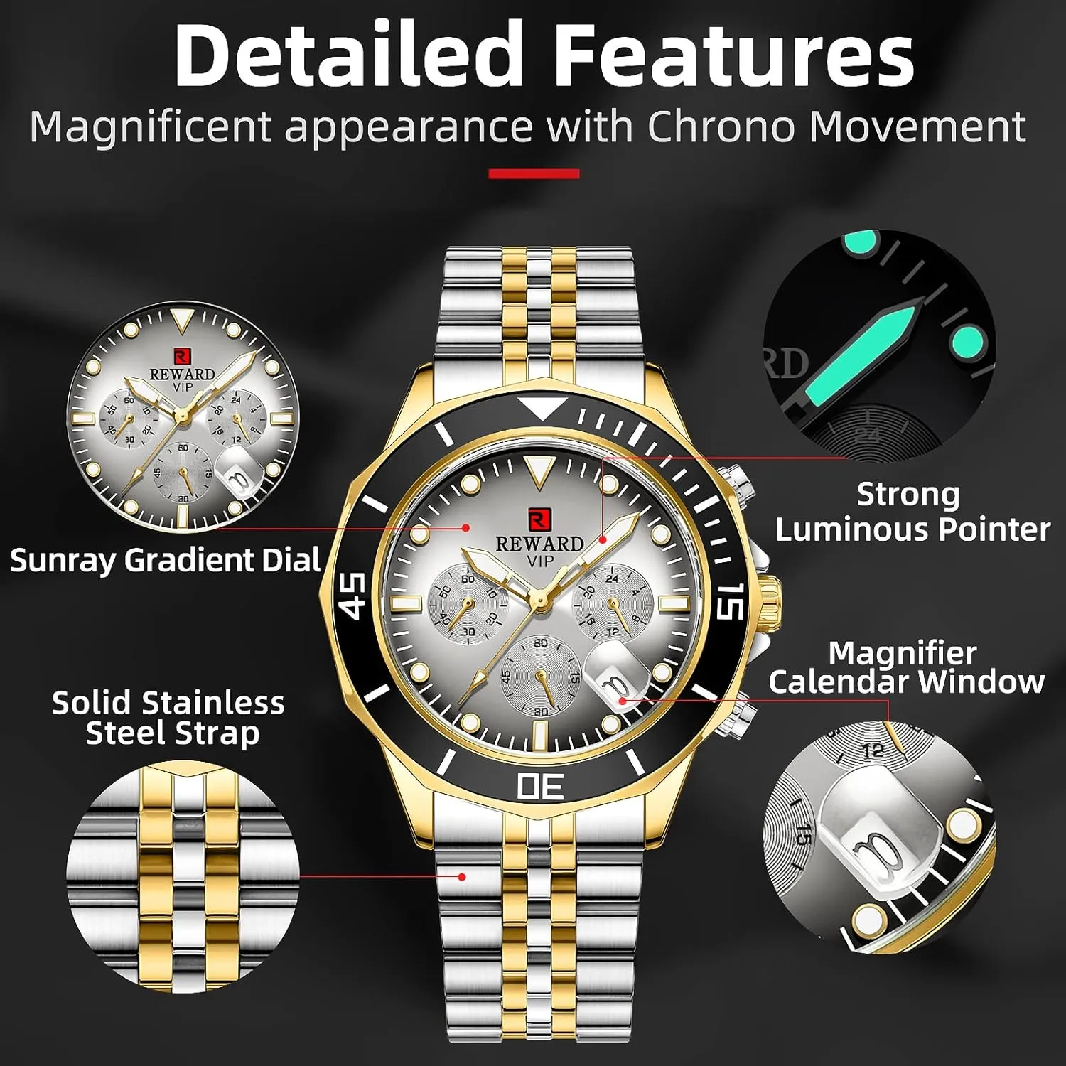 REWARD Mens Watches Solid Stainless Steel Band Sport Analog Stopwatch Waterproof Chronograph Luminous Business Wrist Watch Gift for Men with Auto Date