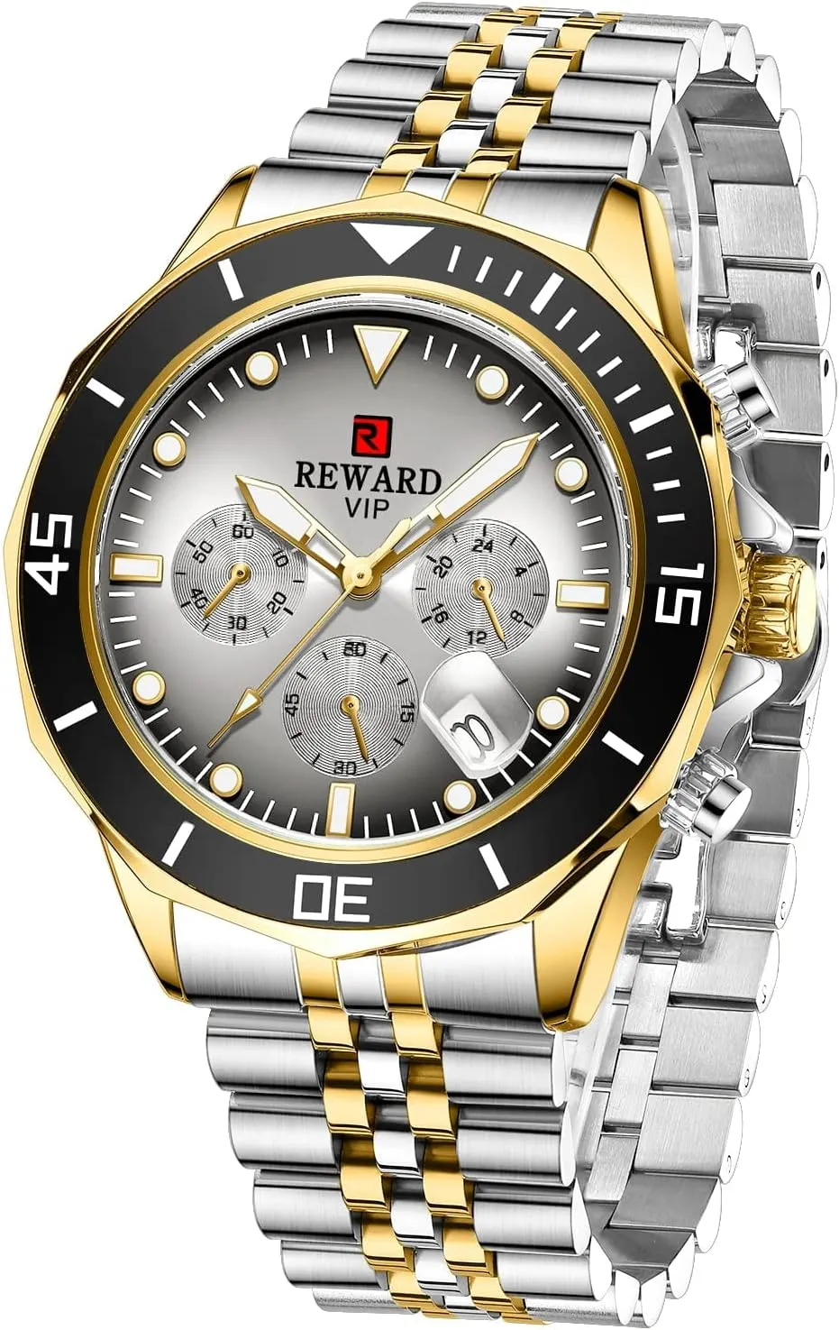 REWARD Mens Watches Solid Stainless Steel Band Sport Analog Stopwatch Waterproof Chronograph Luminous Business Wrist Watch Gift for Men with Auto Date
