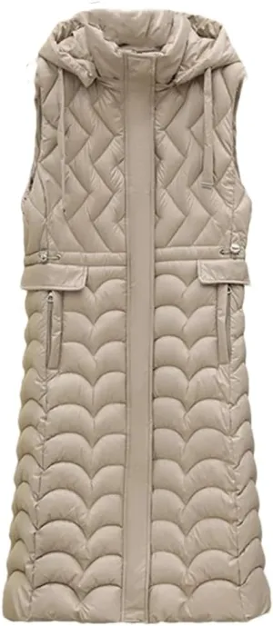 Rfmfkkg Women'S Long Solid Color Sleeveless Vest Puffer Jacket Cotton Padded Hooded Vest Coat