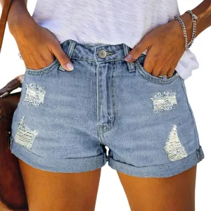 Ripped Jean Shorts Womens Roll Up Stretchy Denim Shorts Summer Low Rise Button Jean Short Casual Blue Jeans