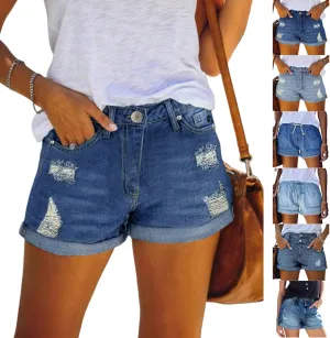 Ripped Jean Shorts Womens Roll Up Stretchy Denim Shorts Summer Low Rise Button Jean Short Casual Blue Jeans