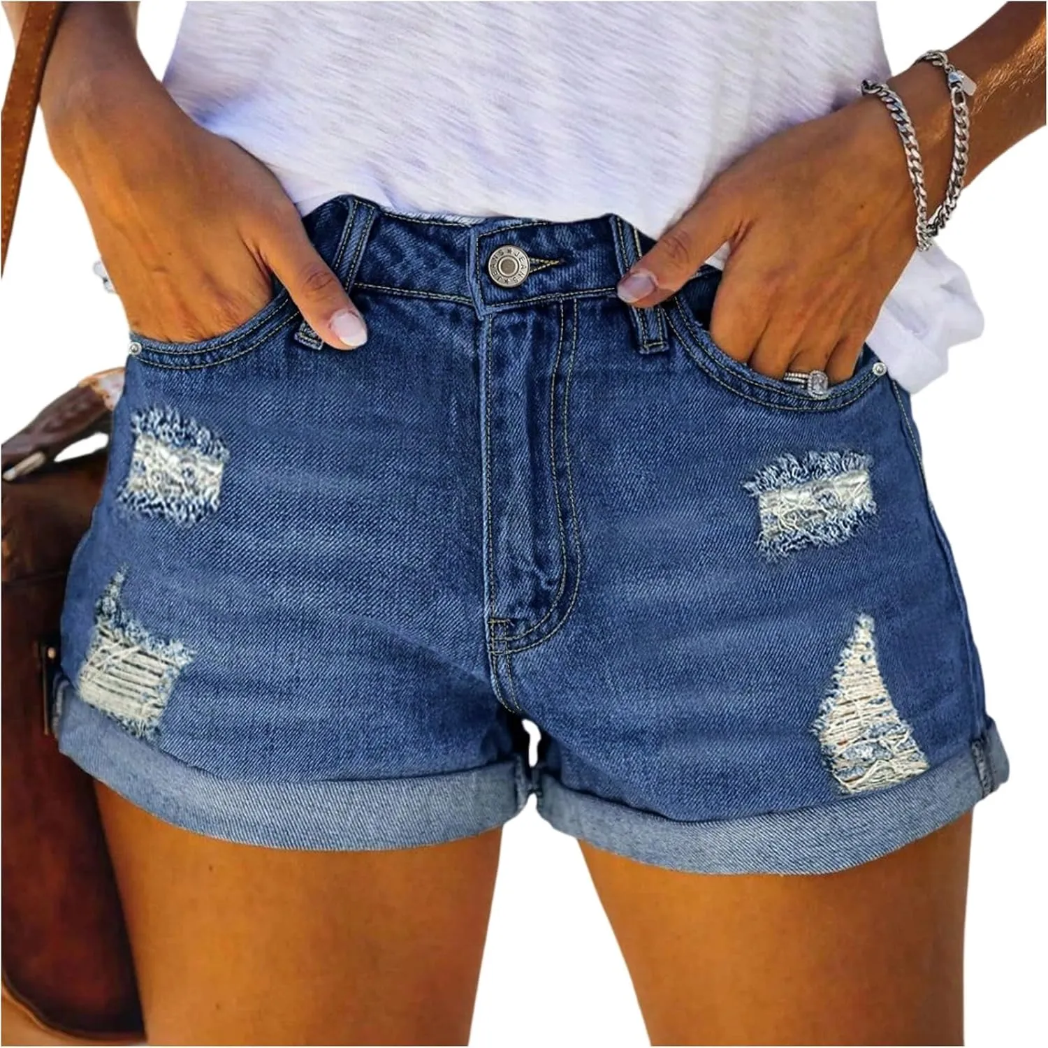 Ripped Jean Shorts Womens Roll Up Stretchy Denim Shorts Summer Low Rise Button Jean Short Casual Blue Jeans