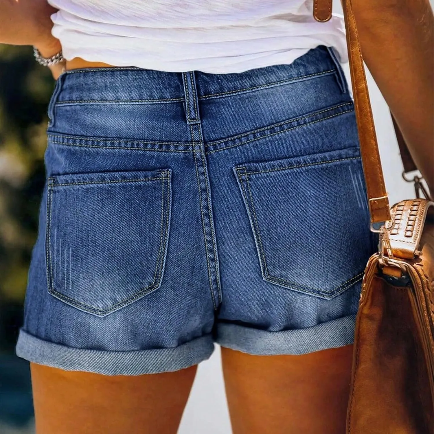 Ripped Jean Shorts Womens Roll Up Stretchy Denim Shorts Summer Low Rise Button Jean Short Casual Blue Jeans
