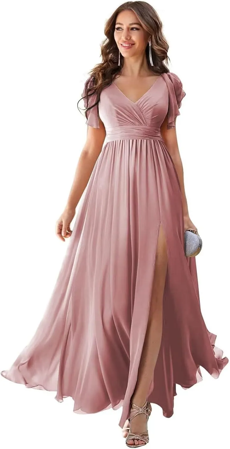 Ruffle Sleeves Chiffon V Neck Split Bridesmaid Dresses for Wedding Flowy Evening Gown Formal Women Dress with Slit