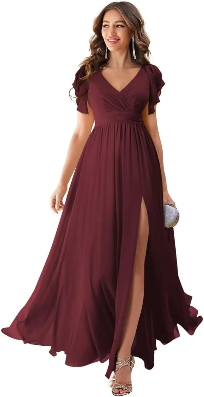 Ruffle Sleeves Chiffon V Neck Split Bridesmaid Dresses for Wedding Flowy Evening Gown Formal Women Dress with Slit