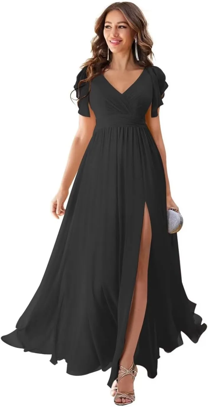 Ruffle Sleeves Chiffon V Neck Split Bridesmaid Dresses for Wedding Flowy Evening Gown Formal Women Dress with Slit