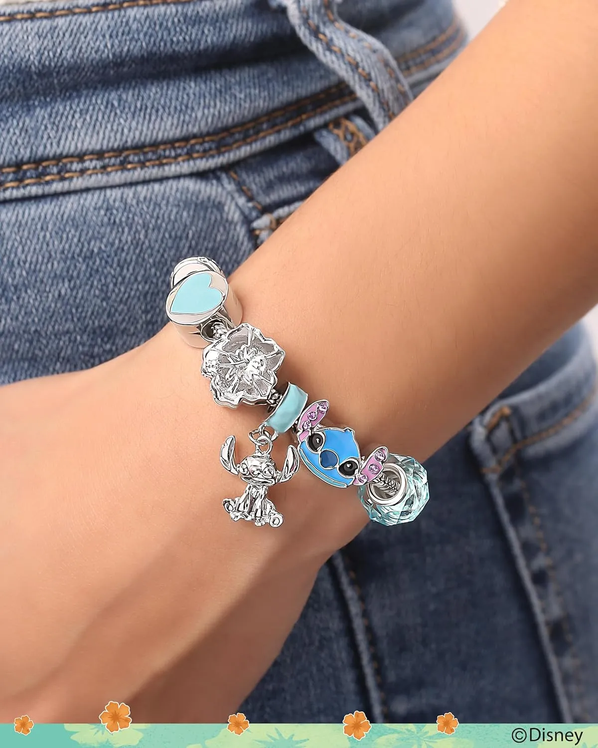 SALLY ROSE Charm Bracelets for Women, 7" Charm Bracelet with 6 Charms Featuring Hello Kitty, Stitch, and Minnie Mouse Official License