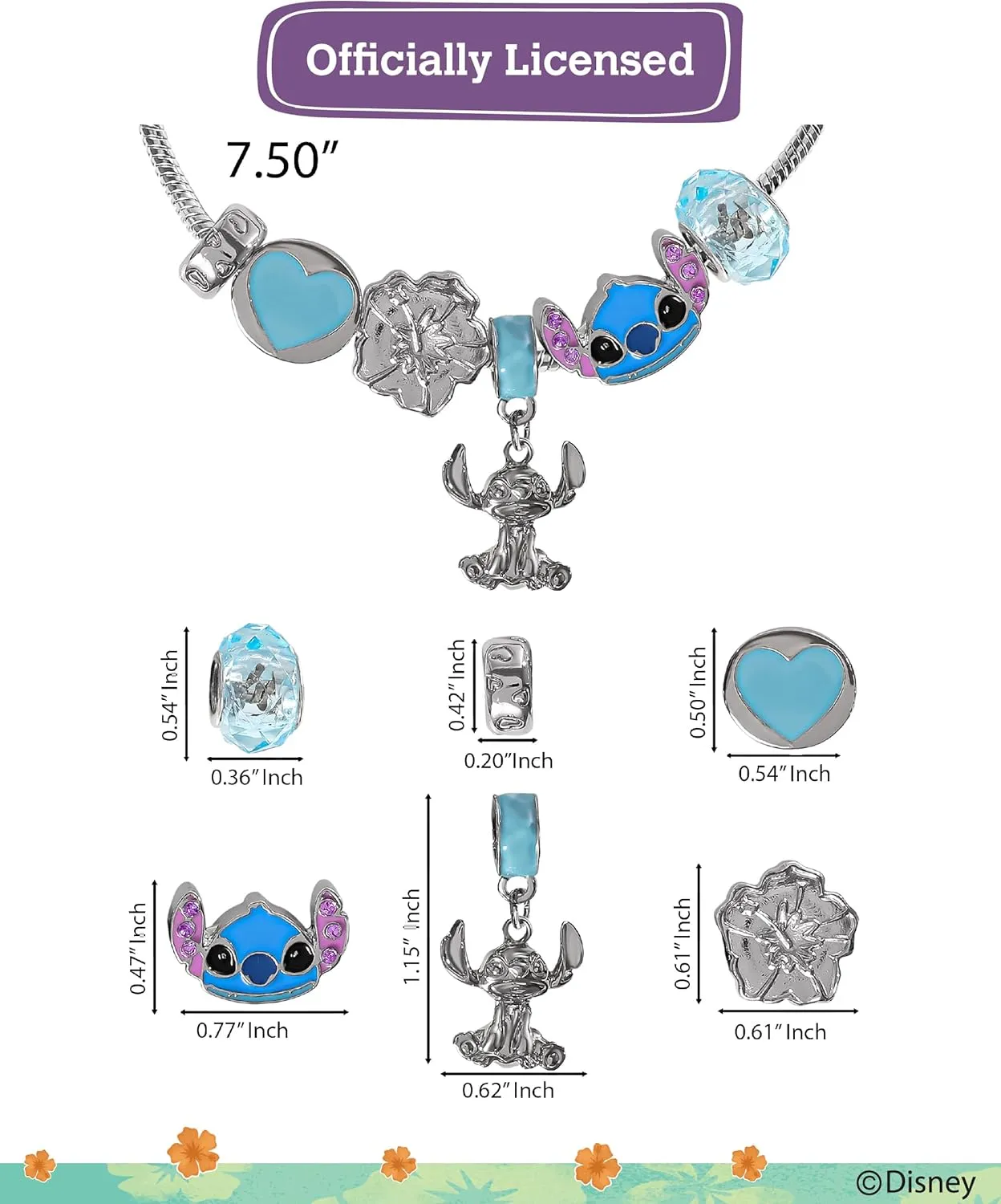 SALLY ROSE Charm Bracelets for Women, 7" Charm Bracelet with 6 Charms Featuring Hello Kitty, Stitch, and Minnie Mouse Official License