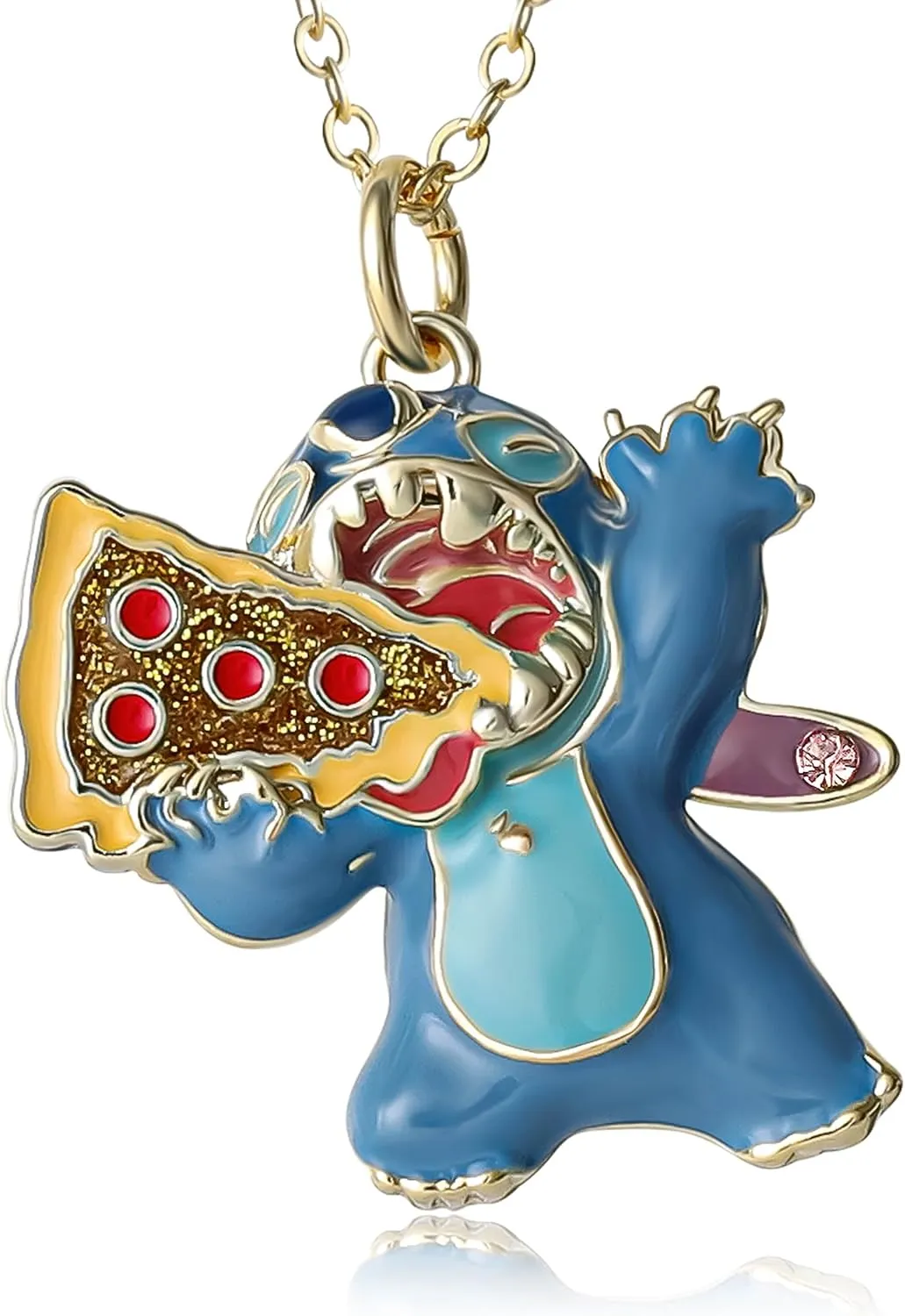SALLY ROSE Stitch Pizza Pendant Necklace for Women Official License, 16" 2" 18k Gold Flash-Plated Stitch Necklace with Crystal Accent