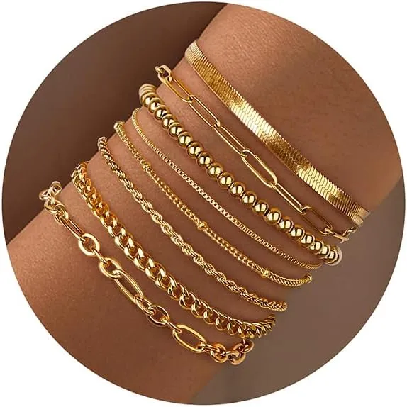 Sanfenly 8Pcs Gold Bracelets For Women, 14K Real Gold Plated Dainty Trendy Stackable Stacking Bracelets Chain Charm Link Paperclip Beaded Bracelet Stainless Steel Stretch Layered Women's Bracelet Sets