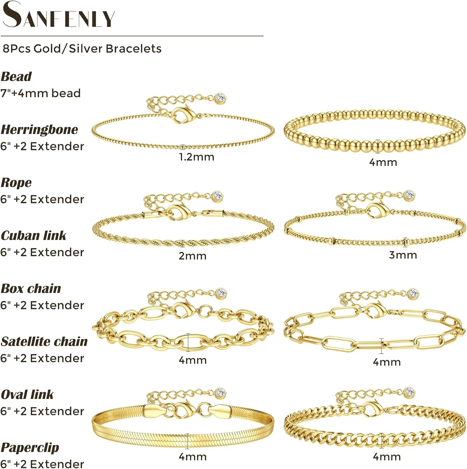 Sanfenly 8Pcs Gold Bracelets For Women, 14K Real Gold Plated Dainty Trendy Stackable Stacking Bracelets Chain Charm Link Paperclip Beaded Bracelet Stainless Steel Stretch Layered Women's Bracelet Sets