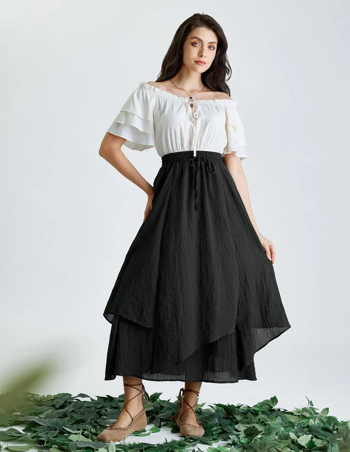Scarlet Darkness Women Renaissance High Waist Skirt Double Layered Flowy Long Skirts