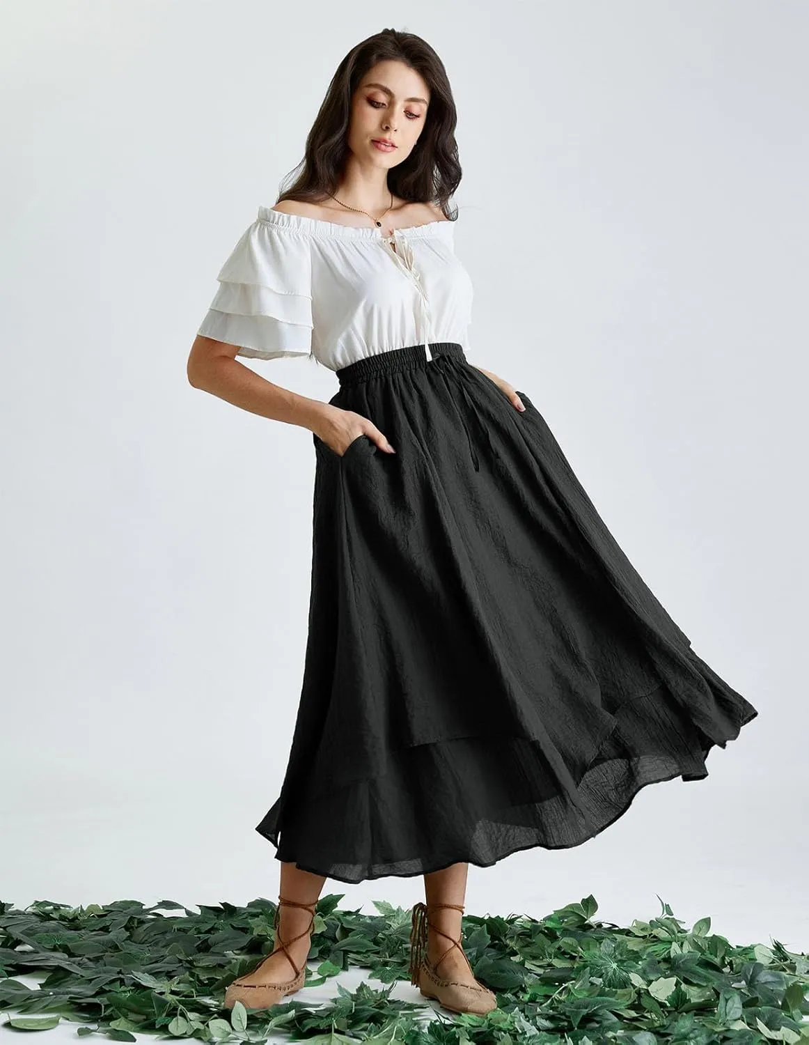 Scarlet Darkness Women Renaissance High Waist Skirt Double Layered Flowy Long Skirts