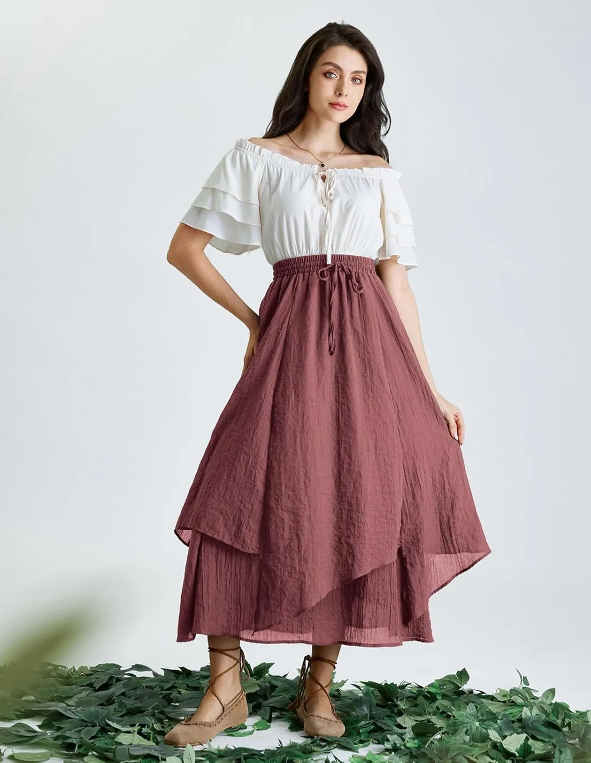 Scarlet Darkness Women Renaissance High Waist Skirt Double Layered Flowy Long Skirts
