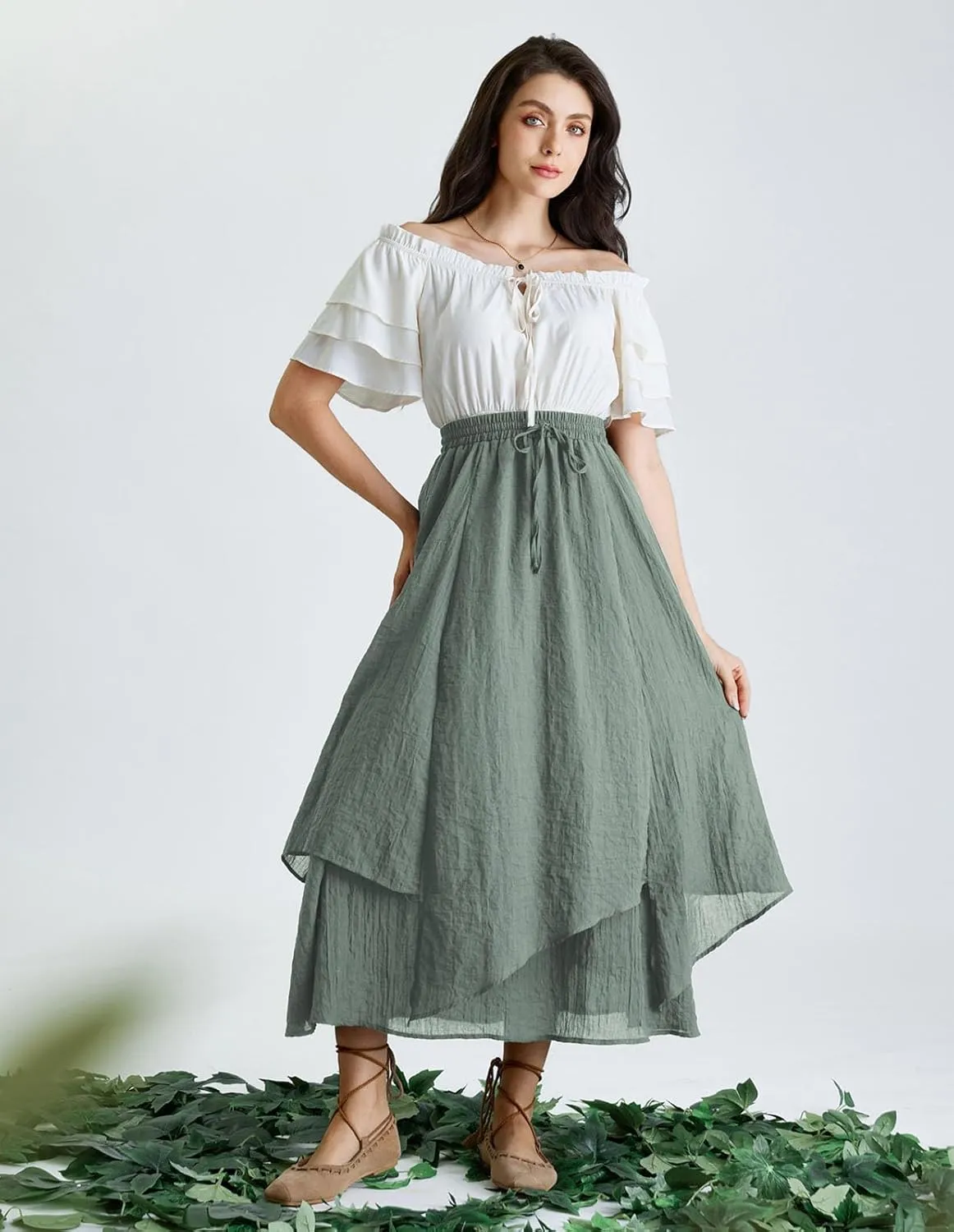 Scarlet Darkness Women Renaissance High Waist Skirt Double Layered Flowy Long Skirts