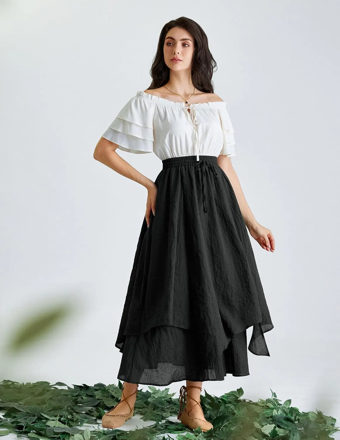 Scarlet Darkness Women Renaissance High Waist Skirt Double Layered Flowy Long Skirts