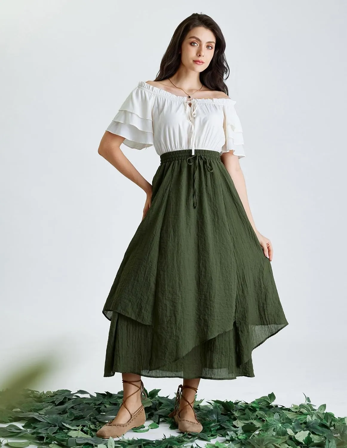 Scarlet Darkness Women Renaissance High Waist Skirt Double Layered Flowy Long Skirts