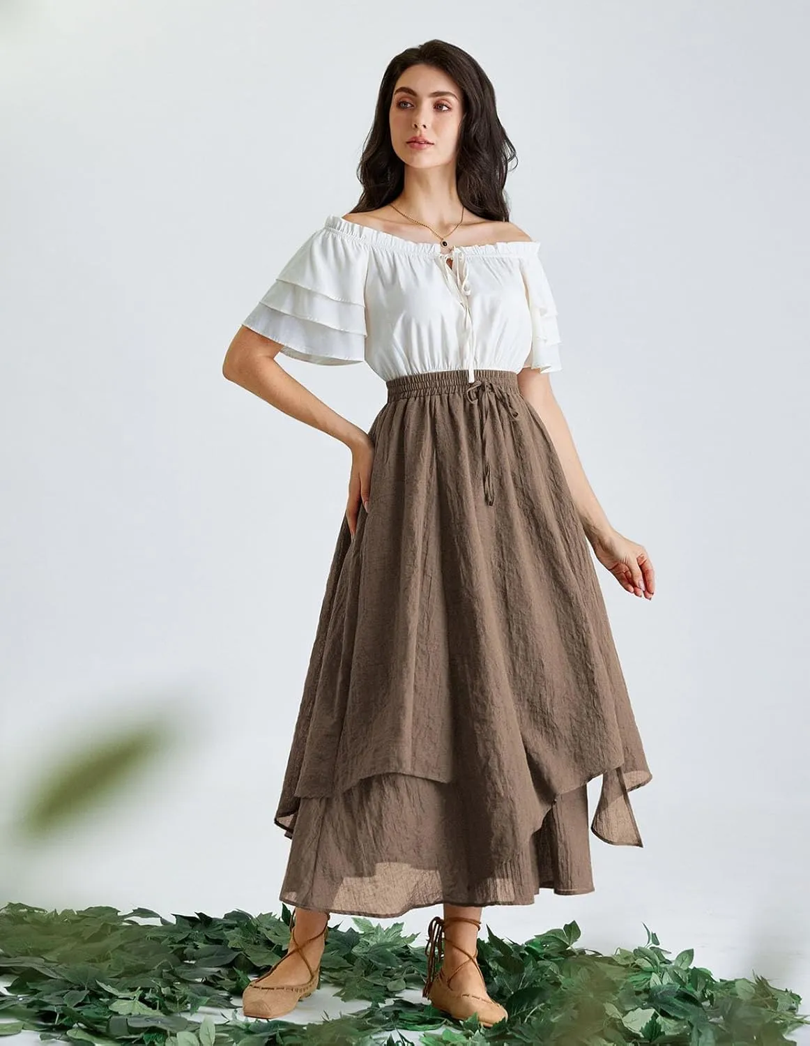 Scarlet Darkness Women Renaissance High Waist Skirt Double Layered Flowy Long Skirts
