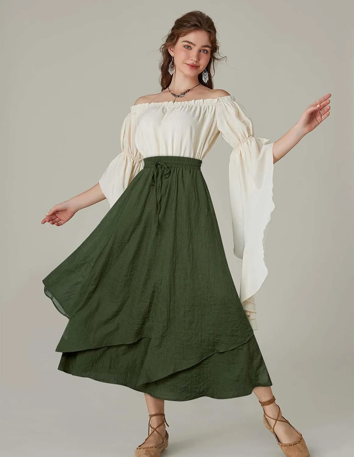 Scarlet Darkness Women Renaissance High Waist Skirt Double Layered Flowy Long Skirts