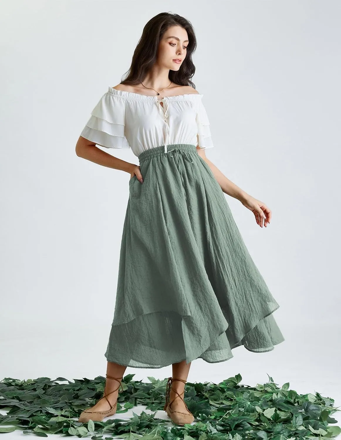 Scarlet Darkness Women Renaissance High Waist Skirt Double Layered Flowy Long Skirts