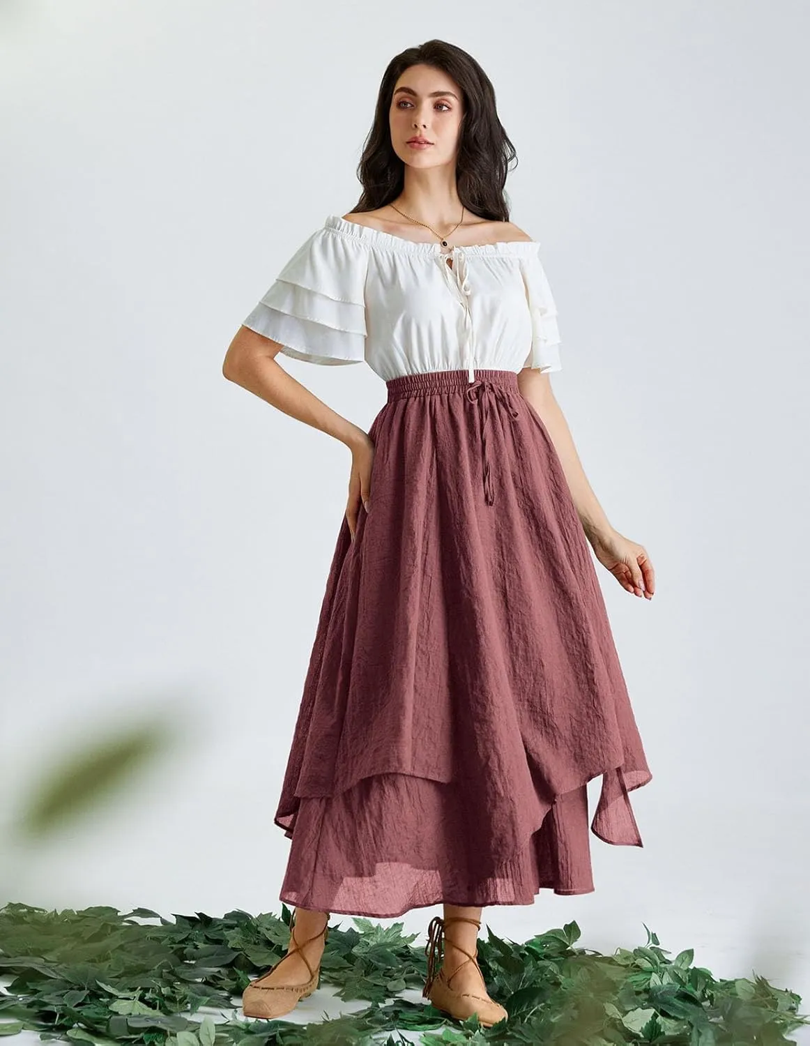 Scarlet Darkness Women Renaissance High Waist Skirt Double Layered Flowy Long Skirts