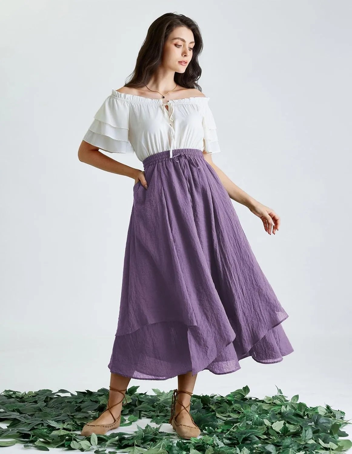 Scarlet Darkness Women Renaissance High Waist Skirt Double Layered Flowy Long Skirts