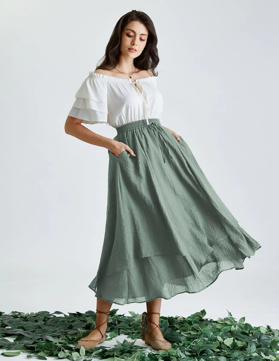 Scarlet Darkness Women Renaissance High Waist Skirt Double Layered Flowy Long Skirts