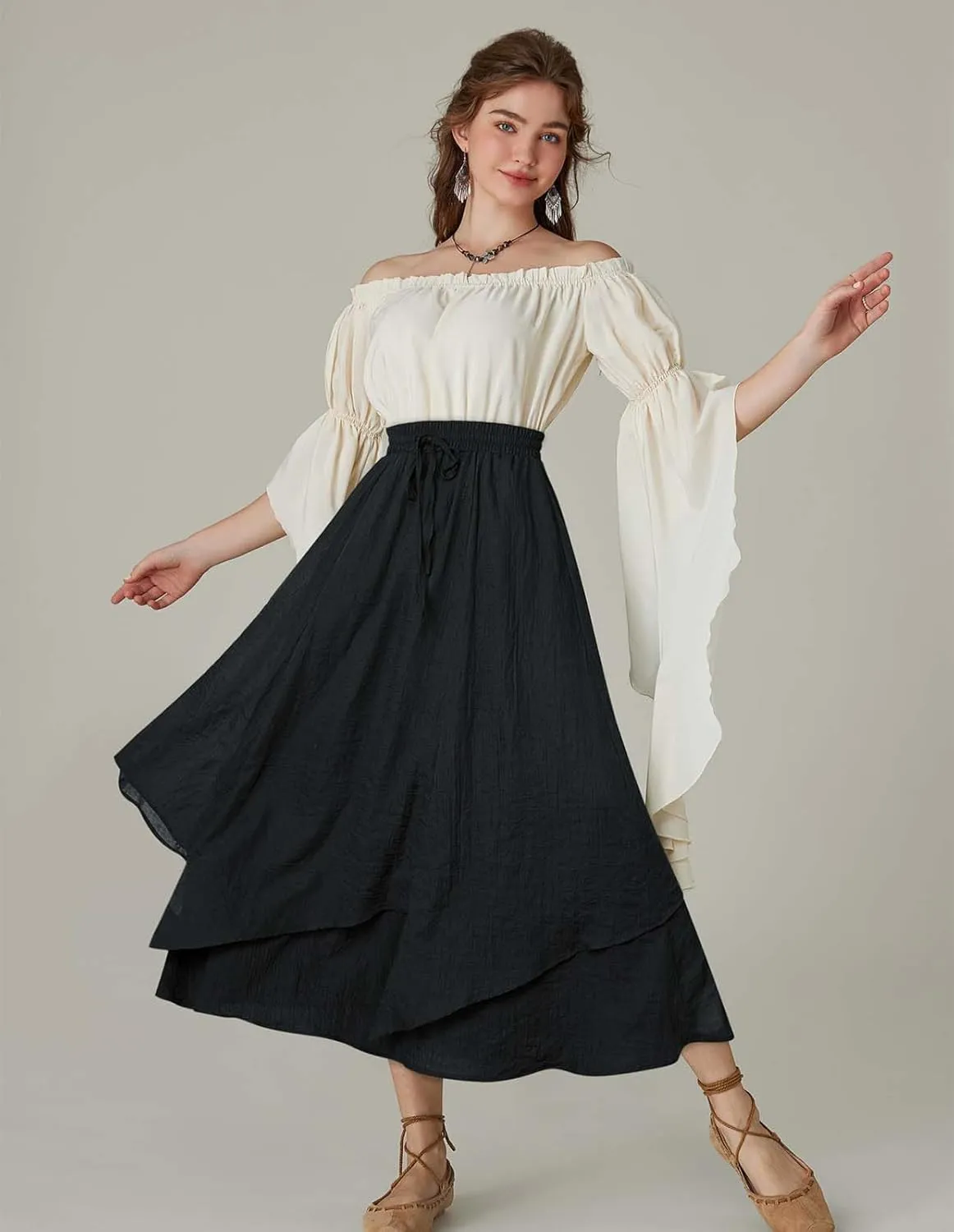Scarlet Darkness Women Renaissance High Waist Skirt Double Layered Flowy Long Skirts