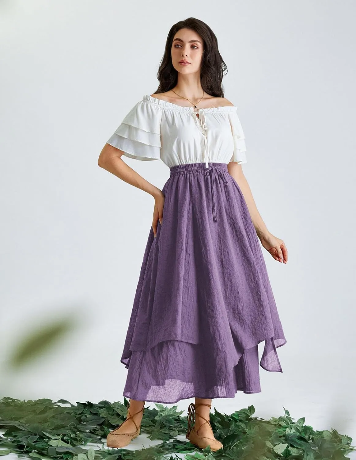 Scarlet Darkness Women Renaissance High Waist Skirt Double Layered Flowy Long Skirts