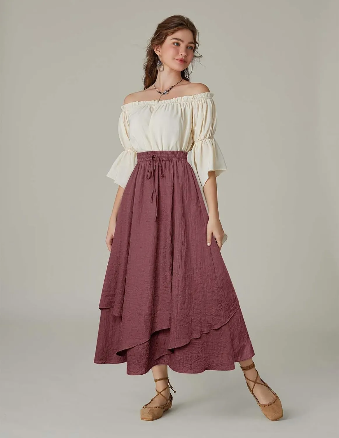 Scarlet Darkness Women Renaissance High Waist Skirt Double Layered Flowy Long Skirts