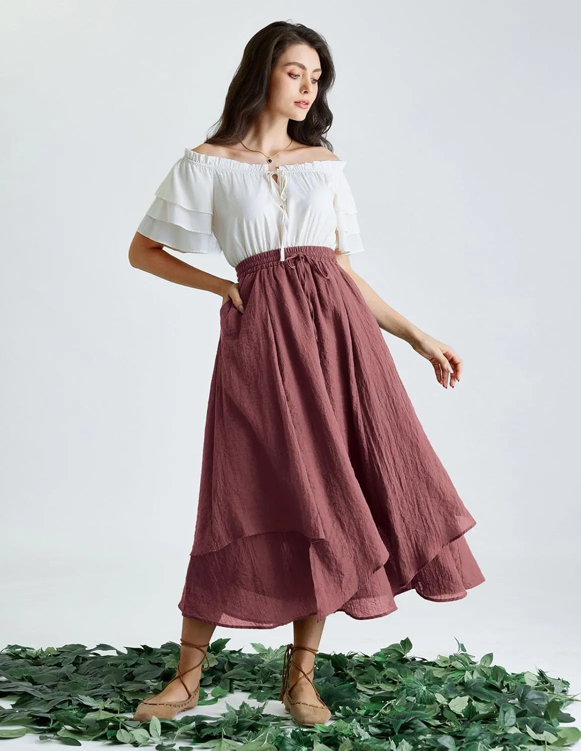 Scarlet Darkness Women Renaissance High Waist Skirt Double Layered Flowy Long Skirts