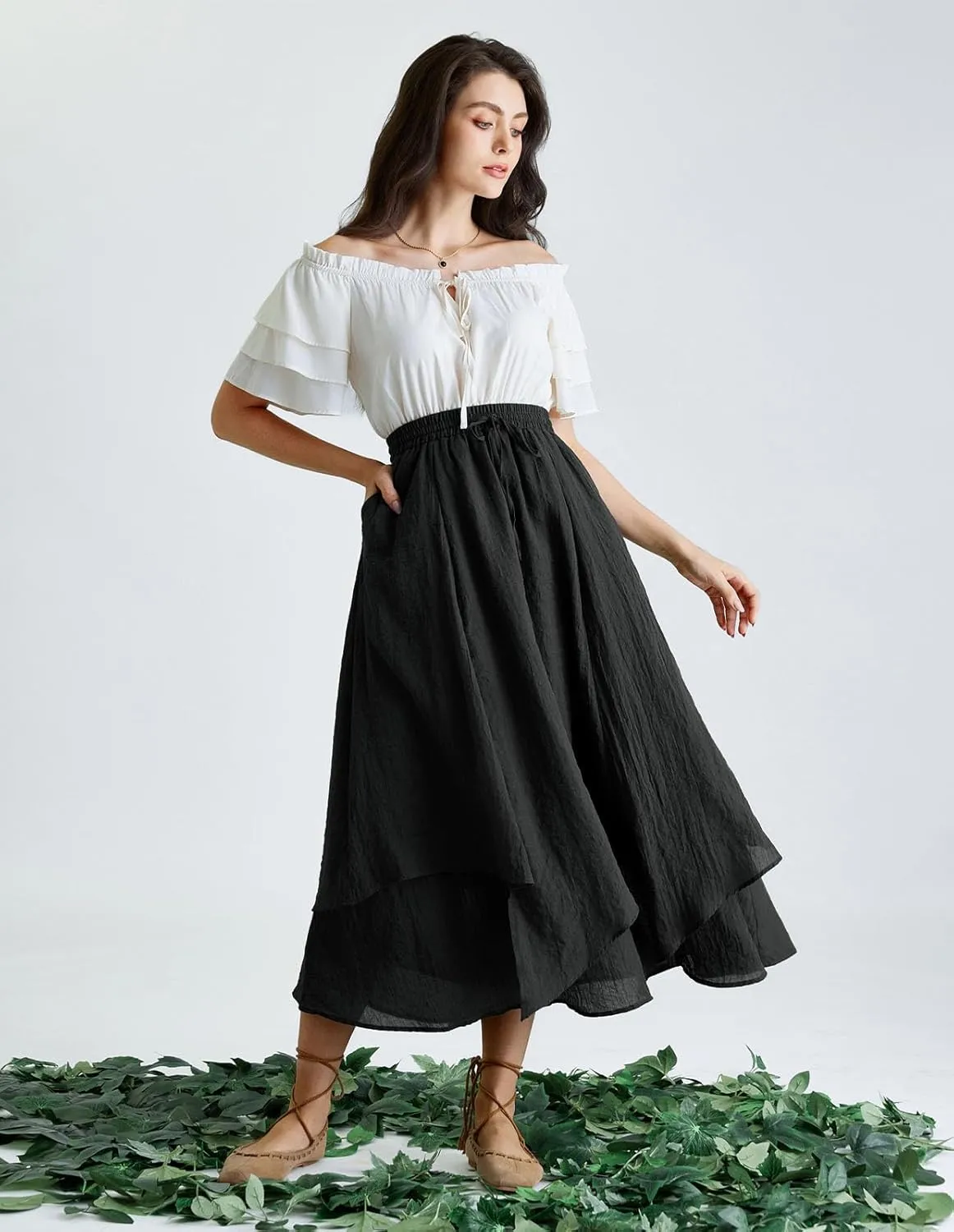 Scarlet Darkness Women Renaissance High Waist Skirt Double Layered Flowy Long Skirts