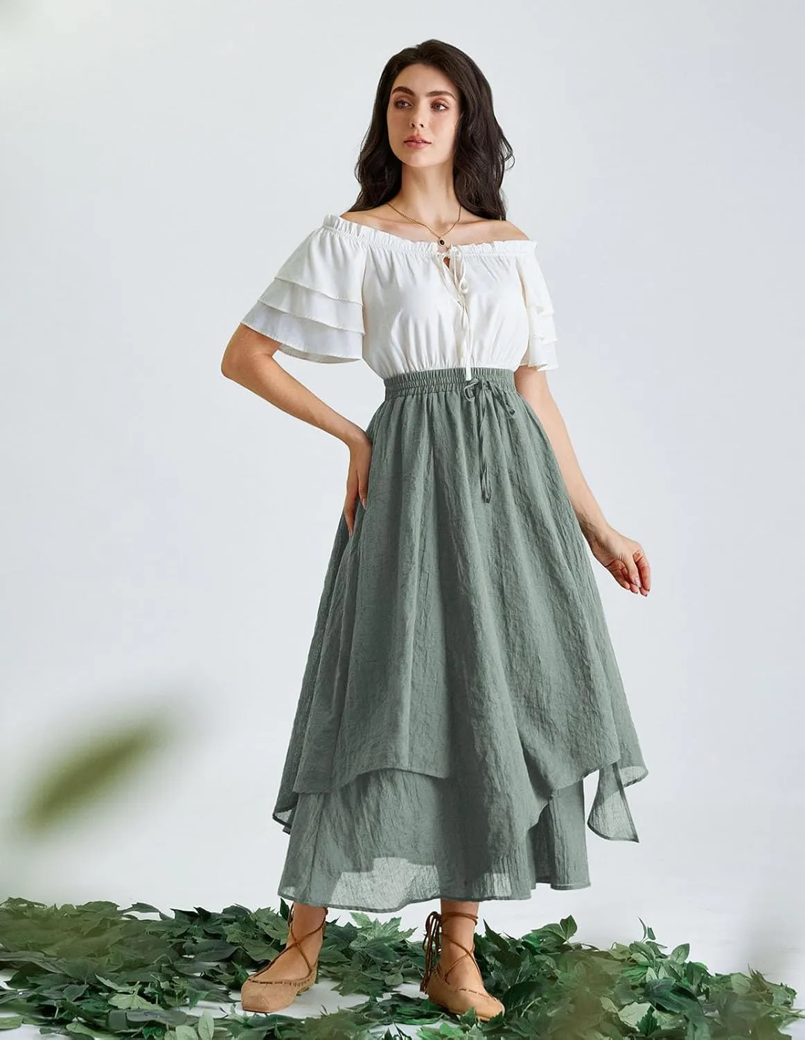 Scarlet Darkness Women Renaissance High Waist Skirt Double Layered Flowy Long Skirts